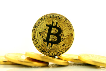 Physical version of Bitcoin, new virtual money. Conceptual image for worldwide cryptocurrency and...