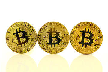 Physical version of Bitcoin, new virtual money. Conceptual image for worldwide cryptocurrency and...