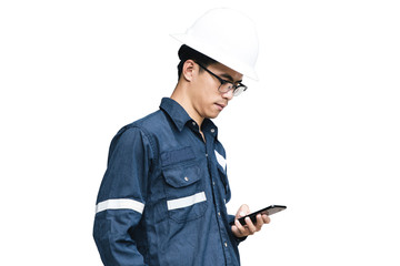 Asian man,Engineer or Technician in white helmet, glasses and blue working shirt suit using smart phone, isolated on white, mechanic and Oil and Gas industrial concept with clipping path