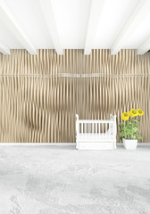 Obraz premium Vertical concept of loft nursery in modern style interior design with eclectic wall and copyspace. 3D Rendering.