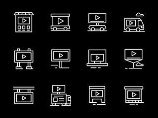 Video ads objects white line vector icons set