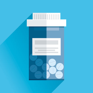 Jar with medicine. Medical icon in flat style, blue pill bottle on color background. Vector design element
