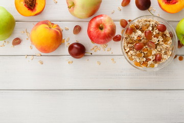 Healthy morning meals with muesli and apples