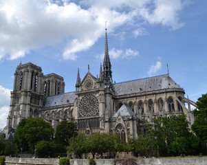 Right side view of Cathedral Notre-Dame de Paris, in the fourth arrondissement of Paris, France