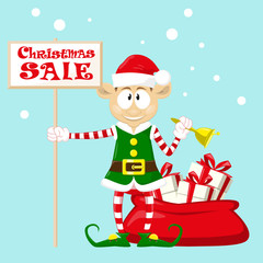 Cute and funny character Merry Christmas elf in santa claus hat. Happy New Year symbol.  Design element for congratulation card, banner, leaflet, poster. Cartoon style. Vector illustration.