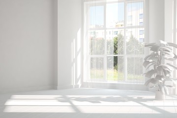 White empty room with summer landscape in window. Scandinavian interior design. 3D illustration