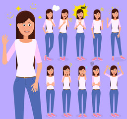 Fototapeta premium A cute, young girl with different facial expressions, a set of ten isolated objects.