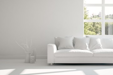 Inspiration of white room with sofa. Scandinavian interior design. 3D illustration