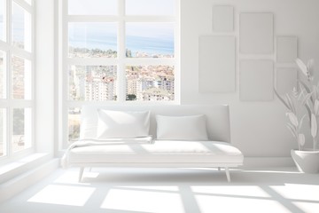 White room with sofa. Scandinavian interior design. 3D illustration