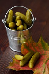 Delicious pickled cucumbers in a bucket on the table 