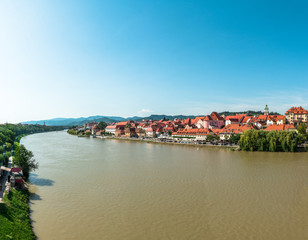Fototapeta na wymiar View on Maribor city and bank Drava river, Slovenia