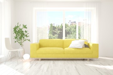 Idea of white room with sofa and summer landscape in window. Scandinavian interior design. 3D illustration