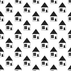 Cute hand drawn nursery seamless pattern with house in scandinavian style. Monochrome vector illustration