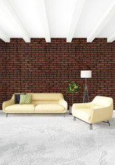 Loft bedroom in modern style interior design with eclectic wall and stylish sofa. 3D Rendering.