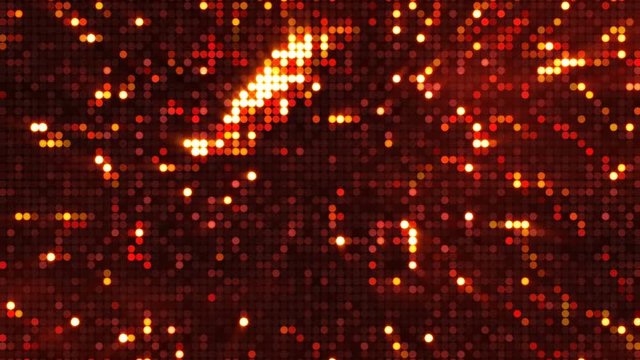 Fiery explosions on LED screen with circle pixels. Computer generated seamless loop abstract motion background 4k UHD (3840x2160)
