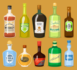 Alcohol strong drinks in bottles cartoon glasses whiskey, cognac, brandy, wine vector illustration