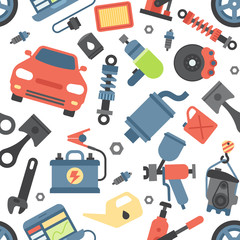 Car service repair parts vector icons vehicle and automobile equipment seamless pattern background