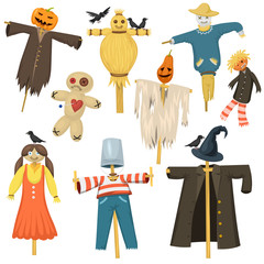 Garden ugly terrible fabric scarecrow fright bugaboo dolls on stiick and toy character dress from farm rag-doll vector illustration