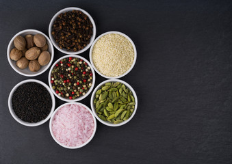 A variety of exotic spices, top view