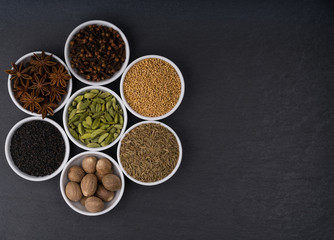 A variety of exotic spices, top view