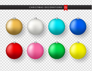 Collection of realistic colorful Christmas balls isolated on transparent background. New Year decoration. Vector Xmas tree decoration.