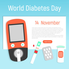 The concept of the day of diabetes. World Diabetes Day Banner with a glucometer and tablets. Vector illustration