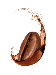 Coffee bean wrapped in coffee splash close-up, isolated on white background