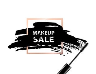 Makeup sale banner. Makeup sale text on dark background and golden frame. Vector illustration