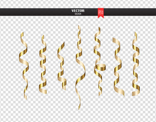 Gold curly ribbon serpentine confetti. Golden streamers set on transparent background. Colorful design decoration party, holiday event, carnival, Christmas, New Year. Vector illustration