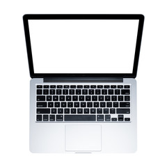 Top view, Male's hand working by using and typing on white laptop with blank white screen. Isolated on white background with clipping path.