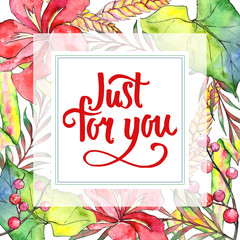 Tropical plant frame in a watercolor style. Aquarelle wild flower for background, texture, wrapper pattern, frame or border.