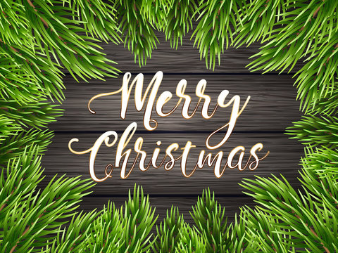 Painted wooden background with a typography sign and Christmas fir tree. Vector Illustration.