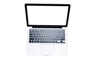Top view, Male's hand working by using and typing on white laptop. Isolated on white background with clipping path.