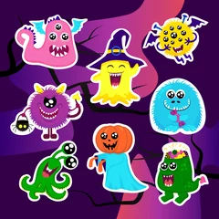 Fotobehang Mode patch badges met halloween monsters, pompoen spook, fuzzy. Zeer grote set meisjesachtige en jongensachtige halloween-stickers, patches in cartoon geïsoleerd. Trendy print voor rugzakken, dingen, kleding © mamenkoaleks