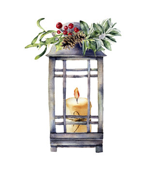 Watercolor tradition Christmas lantern with candle and holiday decor. Hand painted lantern with christmas plant isolated on white background. For design or print
