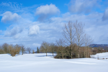 Landschaft im Winter sonnig frostig verschneit mit Wolke weiß und Himmel blau
