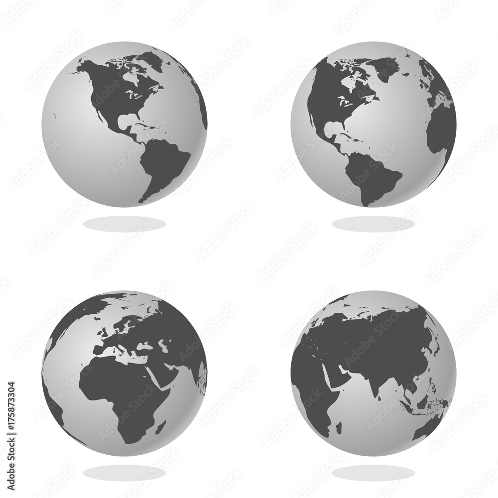 Sticker set of abstract globe with world map. 3d vector illustration.