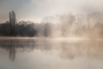 Fototapeta premium Morning on the river early morning reeds mist fog and water surface on the river