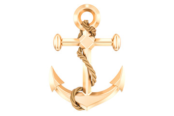 Golden anchor with rope, 3D rendering
