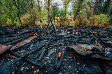 Destroyed by fire wooden house completely burned to the ground