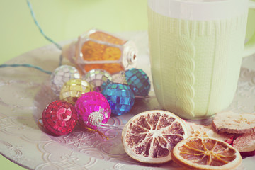 Cup and cuted fruits, retro toned