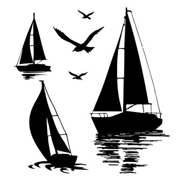 Water sport. Sea yachts. Extreme lifestyle. Silhouette of a sailing boat on a white background. The seagulls. Set of vector illustrations.