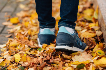 Feet sneakers walking on fall leaves. Autumn season nature on background.