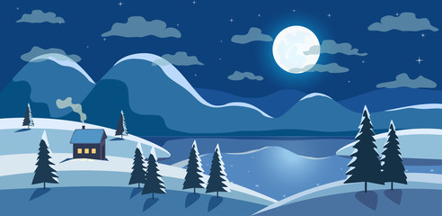 Winter nature landscape. Mountain river in night snowy valley. Rural house in snow. Frozen lake view, snowy hills in full moon. Countryside frost scene background. Cartoon outdoors vector Illustration