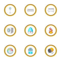 Devices for heating icons set, cartoon style