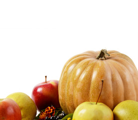 Autumn Composition of vegetables and fruits, Pumpkin, Apples, Pears on a white background.