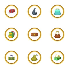 Various types of bags icons set, cartoon style