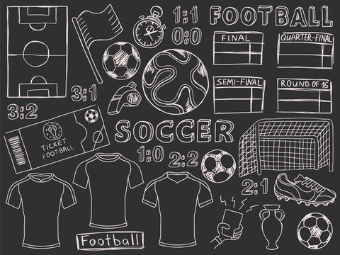 Football doodles set soccer sketch grey