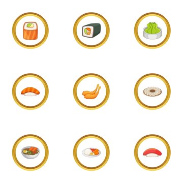 Traditional japan meal icons set, cartoon style
