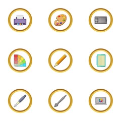 Designer equipment icons set, cartoon style